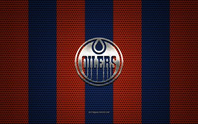 Edmonton Oilers logo, Canadian hockey club, metal emblem, orange-blue metal mesh background, Edmonton Oilers, NHL, Edmonton, Alberta, Canada, USA, hockey