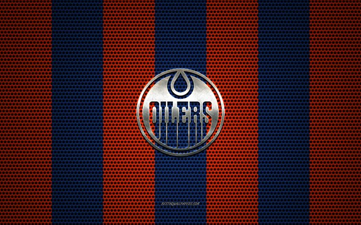 Edmonton Oilers logo, Kanadalı hokey kul&#252;b&#252;, metal amblem, turuncu-mavi metal &#246;rg&#252; arka plan, Edmonton Oilers, NHL, Edmonton, Alberta, Kanada, ABD, hokey