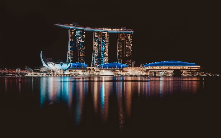 Singapour la nuit, 4k, panorama, des paysages nocturnes, Marina Bay Sands, gratte-ciel, de Singapour, de b&#226;timents modernes, Marina Bay, en Asie, &#224; Singapour 4K