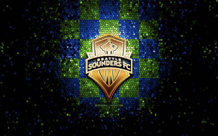 Seattle Sounders FC, glitter logo, MLS, blue green checkered background, USA, american soccer team, Seattle Sounders, Major League Soccer, Seattle Sounders logo, mosaic art, soccer, football, America