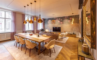 dining room, loft style, modern interior design, living room, gray leather sofa