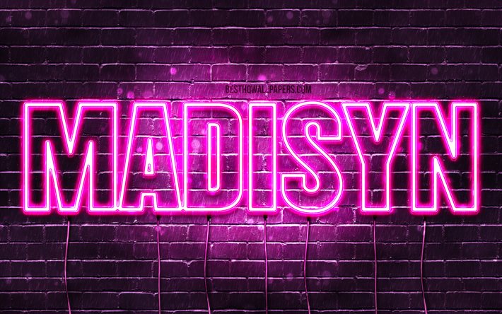 Madisyn, 4k, wallpapers with names, female names, Madisyn name, purple neon lights, horizontal text, picture with Madisyn name