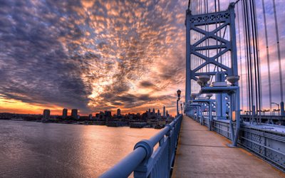 Philadelphia, view from the bridge, Comcast Center, US Steel Tower, Three Logan Square, modern city, skyscrapers, cityscape, evening, sunset, american city, Pennsylvania, USA