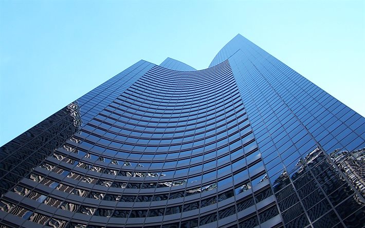 Columbia Center, Seattle, lasi rakennuksen julkisivu, moderneja rakennuksia, pilvenpiirt&#228;ji&#228;, sininen taivas, Washington, USA