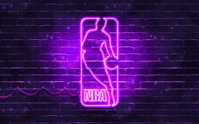 NBA mor logo, 4k, mor brickwall, NBA, NBA logosu, Amerikan Basketbol Ligi NBA neon logo