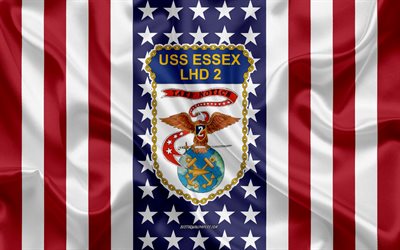 uss essex-emblem, lhd-2, american flag, us-navy, usa, uss essex abzeichen, us-kriegsschiff, wappen der uss essex