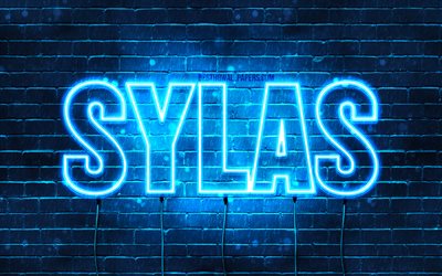 Sylas, 4k, les papiers peints avec les noms, le texte horizontal, Sylas nom, bleu n&#233;on, photo avec Sylas nom