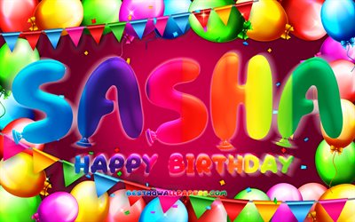 お誕生日おめでSasha, 4k, カラフルバルーンフレーム, Sasha名, 紫色の背景, Sashaお誕生日おめで, Sasha誕生日, 人気のフランスの女性の名前, 誕生日プ, Sasha