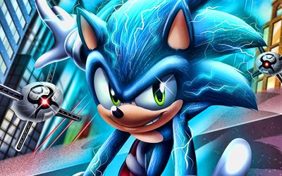 Sonic, 4k, Arte 3D, Sonic The Hedgehog, cartaz, 2020 filme, Azul Sonic
