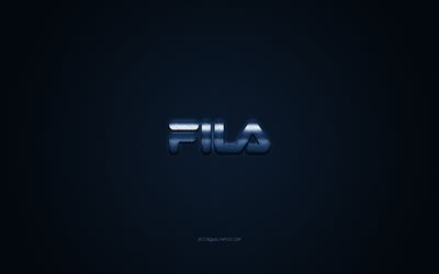 Fila logo, metal emblem, apparel brand, синий carbon texture, global apparel brands, Fila, fashion concept, Fila emblem