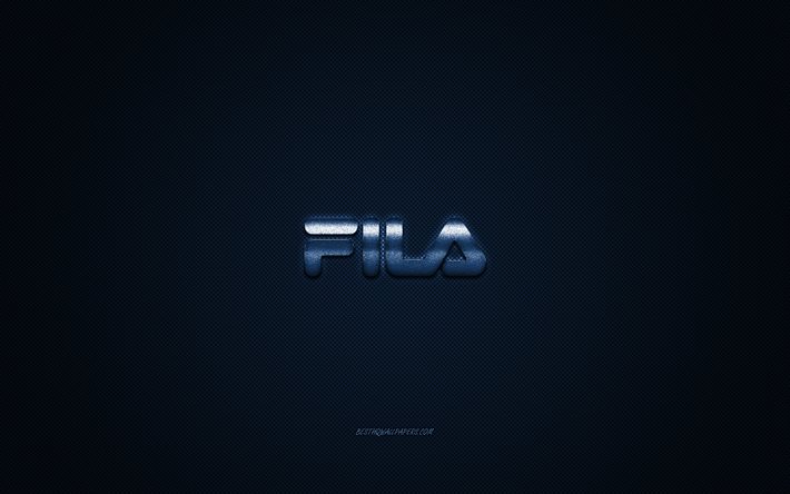 Fila logo, metal emblem, apparel brand, синий carbon texture, global apparel brands, Fila, fashion concept, Fila emblem