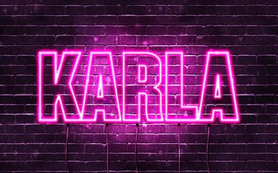 Karla, 4k, taustakuvia nimet, naisten nimi&#228;, Karla nimi, violetti neon valot, vaakasuuntainen teksti, kuva Karla nimi