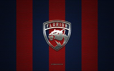Florida Panthers logo, American hockey club, metal emblem, red-blue metal mesh background, Florida Panthers, NHL, Sunrise, Florida, USA, hockey