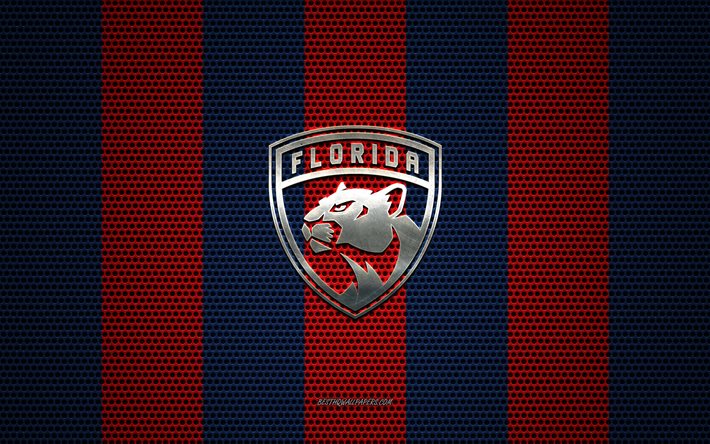 Florida Panthers logotipo, Americana de h&#243;quei clube, emblema de metal, vermelho-azul met&#225;lica de malha de fundo, Panteras Da Fl&#243;rida, NHL, Nascer do sol, Fl&#243;rida, EUA, h&#243;quei