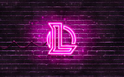 Liga de Leyendas p&#250;rpura logo, LoL, 4k, p&#250;rpura brickwall, de la Liga de Leyendas logotipo, juegos 2020, de la Liga de Leyendas de ne&#243;n logo de League of Legends, LoL logotipo