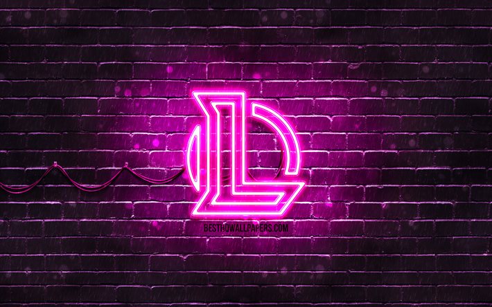 League of Legends viola logo, LoL, 4k, viola brickwall, League of Legends logo, giochi del 2020, League of Legends neon logo, League of Legends, LoL logo