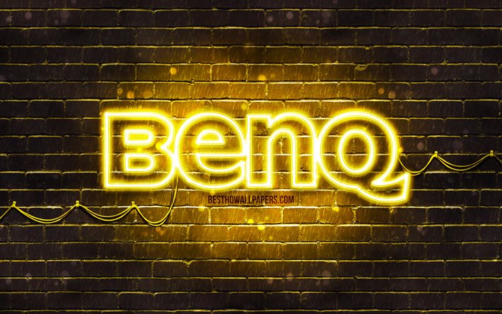 Benq黄ロゴ, 4k, 黄brickwall, Benqロゴ, ブランド, Benqネオンのロゴ, Benq