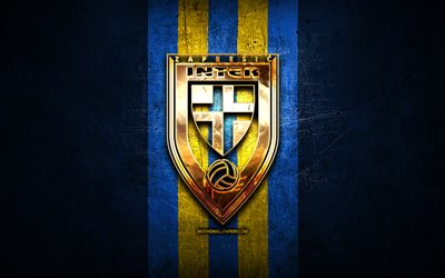 inter zapresic fc, logotipo dourado, hnl, metal azul de fundo, futebol, croata clube de futebol, inter zapresic logotipo, nk inter zapresic