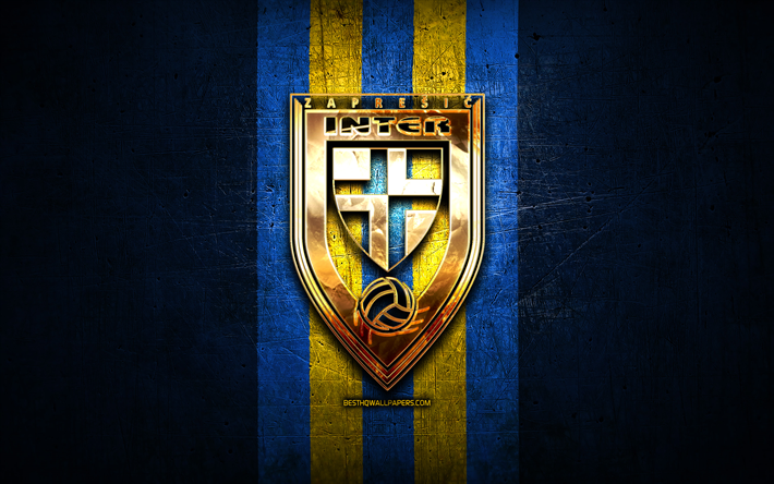 Inter Zapresic FC, golden logo, HNL, blue metal background, football, croatian football club, Inter Zapresic logo, soccer, NK Inter Zapresic