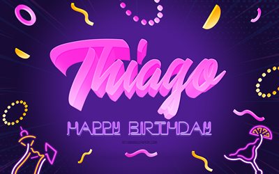 buon compleanno thiago, 4k, sfondo festa viola, thiago, arte creativa, nome thiago, compleanno thiago, sfondo festa di compleanno