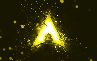 arch linux sarı logosu, 4k, sarı neon ışıkları, yaratıcı, sarı soyut arka plan, arch linux logosu, linux, arch linux