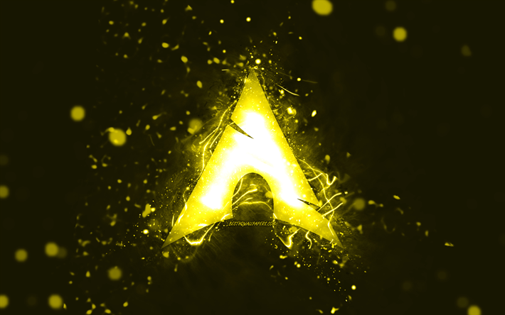 Arch Linux yellow logo, 4k, yellow neon lights, creative, yellow abstract background, Arch Linux logo, Linux, Arch Linux