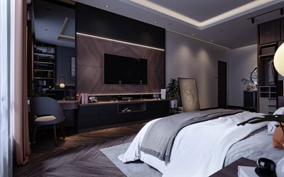 stylish bedroom interior design, brown panels on the wall, contemporary interior design, brown curtains, gray walls, bedroom idea