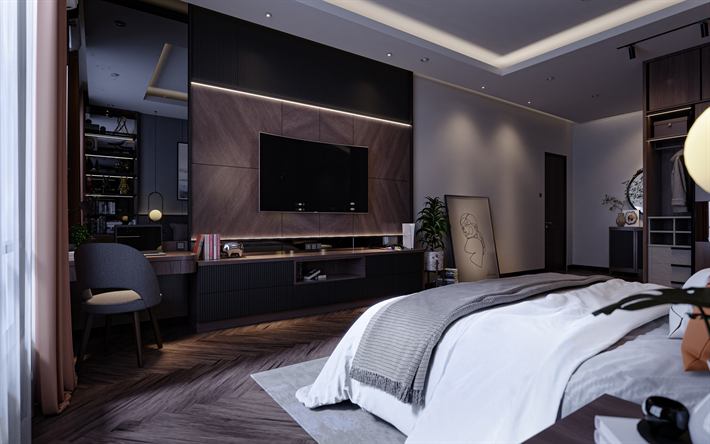 スタイリッシュな寝室のインテリアデザイン, 壁の茶色のパネル, 現代的なインテリアデザイン, 茶色のカーテン, 灰色の壁, 寝室のアイデア