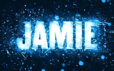 alles gute zum geburtstag jamie, 4k, blaue neonlichter, jamie name, kreativ, jamie alles gute zum geburtstag, jamie geburtstag, beliebte amerikanische m&#228;nnliche namen, bild mit jamie namen, jamie