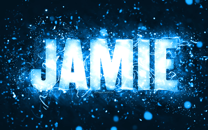 joyeux anniversaire jamie, 4k, des n&#233;ons bleus, le nom de jamie, cr&#233;atif, jamie joyeux anniversaire, jamie anniversaire, les noms masculins am&#233;ricains populaires, photo avec le nom de jamie, jamie