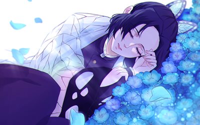 Sleeping Kochou Shinobu, blue flowers, Demon Hunter, kimono, Kochou Shinobu, Kimetsu no Yaiba, Demon Slayer, artwork, manga, Shinobu Kocho, Giyu Tomioka