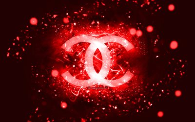 Chanel red logo, 4k, red neon lights, creative, red abstract background, Chanel logo, fashion brands, Chanel