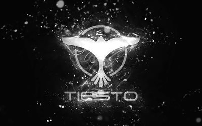 Tiesto white logo, 4k, Dutch DJs, white neon lights, creative, black abstract background, DJ Tiesto logo, Tijs Michiel Verwest, Tiesto logo, music stars, DJ Tiesto