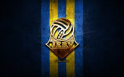 Jerv FC, golden logo, Eliteserien, blue metal background, football, norwegian football club, FK Jerv logo, soccer, FK Jerv