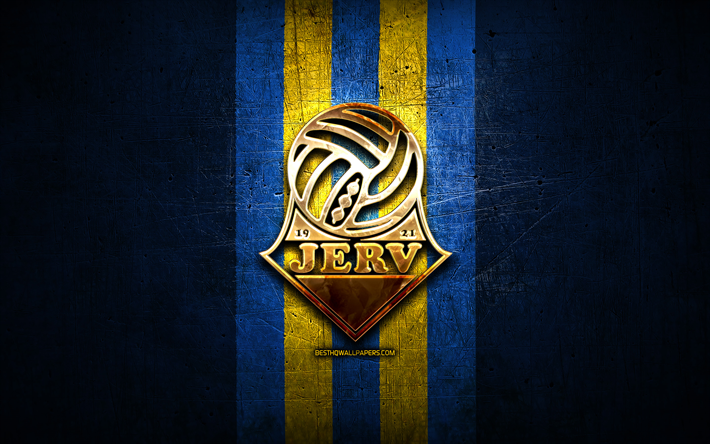 jerv fc, goldenes logo, eliteserien, blauer metallhintergrund, fu&#223;ball, norwegischer fu&#223;ballverein, fk jerv-logo, fk jerv