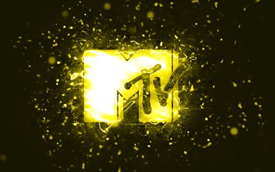 شعار mtv الأصفر, 4k, أضواء النيون الصفراء, خلاق, خلفية مجردة صفراء, تلفزيون الموسيقى, شعار mtv, العلامات التجارية, mtv