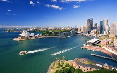 sydneyn oopperatalo, valtameri, horisontti kaupunkimaisemat, australialainen vetovoima, teatteri, australialaiset kaupungit, sydney, australia