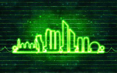 Abu Dhabi green neon silhouette, 4k, green neon lights, Abu Dhabi skyline silhouette, green brickwall, UAE cities, neon skyline silhouettes, UAE, Abu Dhabi silhouette, Abu Dhabi, United Arab Emirates