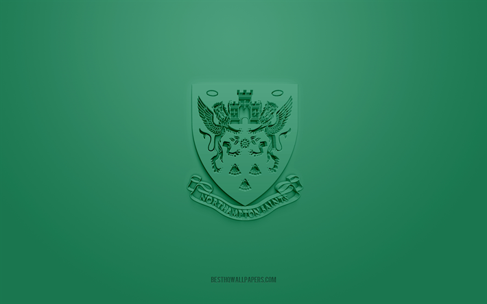 نورثهامبتون سينتس, شعار 3d الإبداعية, خلفية خضراء, بريميرشيب الرجبي, 3d شعار, نادي الرجبي الإنجليزي, إنكلترا, فن ثلاثي الأبعاد, كرة القدم الامريكية, شعار northampton saints 3d