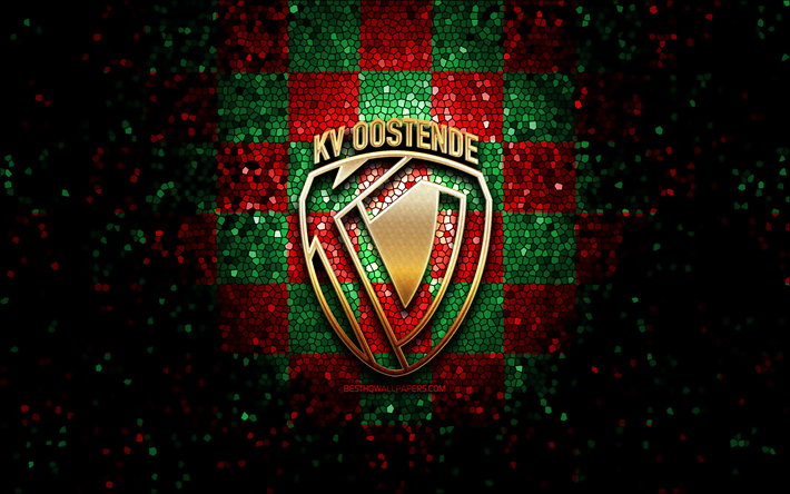 KV Oostende, glitter logo, Jupiler Pro League, red green checkered background, soccer, belgian football club, KV Oostende logo, mosaic art, football, Oostende FC