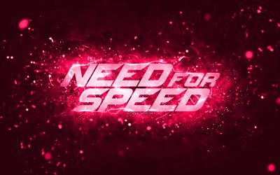 need for speed ​​vaaleanpunainen logo, 4k, nfs, vaaleanpunaiset neonvalot, luova, vaaleanpunainen abstrakti tausta, need for speed ​​-logo, nfs-logo, need for speed