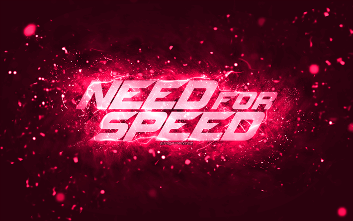 need for speed ​​logo rosa, 4k, nfs, luci al neon rosa, creativo, sfondo rosa astratto, logo need for speed, logo nfs, need for speed