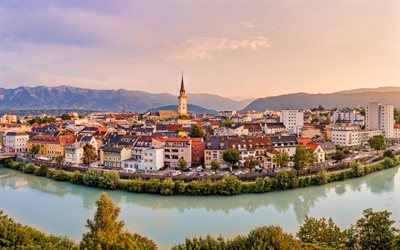 Villach, 4k, skyline cityscapes, austrian cities, sunset, river, Austria, Europe