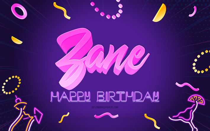 Happy Birthday Zane, 4k, Purple Party Background, Zane, creative art, Happy Zane birthday, Zane name, Zane Birthday, Birthday Party Background
