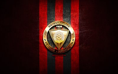 kustosija fc, logo dorato, hnl, metallo rosso sullo sfondo, calcio, club di calcio croato, logo nk kustosija, nk kustosija