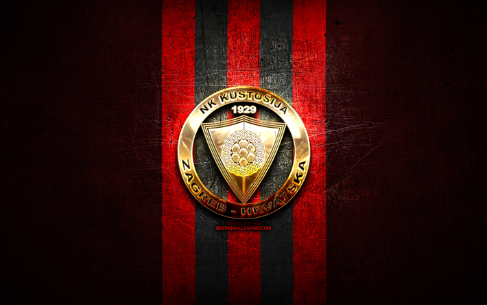 kustosija fc, gyllene logotyp, hnl, r&#246;d metallbakgrund, fotboll, kroatisk fotbollsklubb, nk kustosija logotyp, nk kustosija