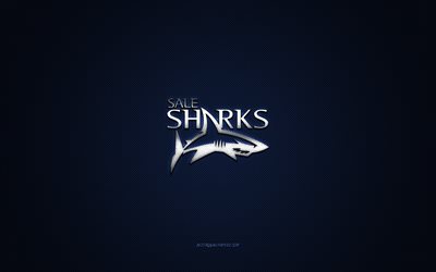 sale sharks, englischer rugby-club, echl, graues logo, blauer kohlefaserhintergrund, super league, rugby, greater manchester, england, sale sharks-logo