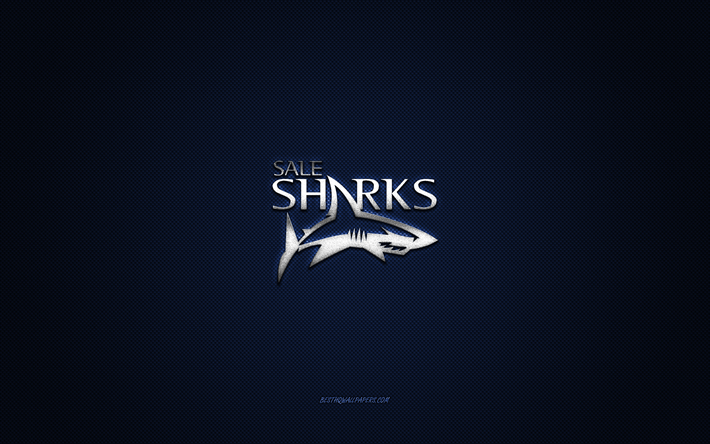 sale sharks, club de rugby ingl&#233;s, echl, logotipo gris, fondo azul de fibra de carbono, superliga, rugby, greater manchester, inglaterra, logotipo de sale sharks