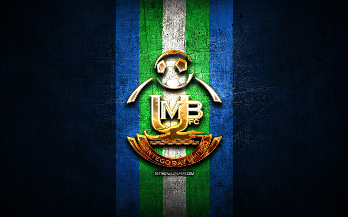 montego bay united fc, gyllene logotyp, jamaica premier league, bl&#229; metall bakgrund, fotboll, jamaicansk fotbollsklubb, montego bay united logotyp, montego bay united