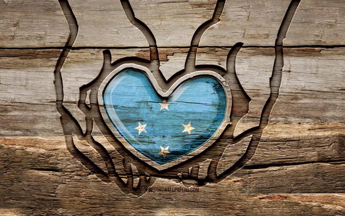 I love Micronesia, 4K, wooden carving hands, Day of Micronesia, Micronesian flag, Flag of Micronesia, Take care Micronesia, creative, Micronesia flag, Micronesia flag in hand, wood carving, Oceanian countries, Micronesia